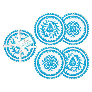 Set of four teal white outdoor plastic appetizer plates with floral patterns on a white background.