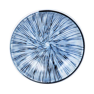 Round ceramic small plate with blue and white abstract pattern
