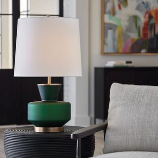 Green lamp with white shade is timeless no matter the decor 