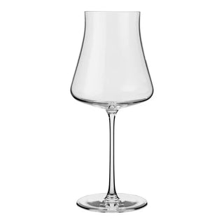 A clear tulip-shaped wine glass with a long stem