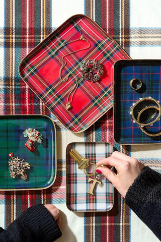 Small tartan metal tray styled with seasonal décor