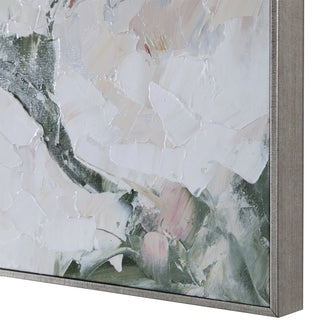 Abstract art piece with magnolia floral elements in a gray frame.