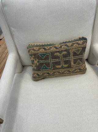 Vintage Handwoven Kilim Lumbar Pillow Cover — Tan, Blue & Brown