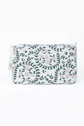 A rectangular zippered pouch with a white background and an all-over green leaf and pink flower pattern, shown against a plain white background.