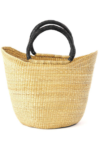 Woven shopper bag with black leather handles 