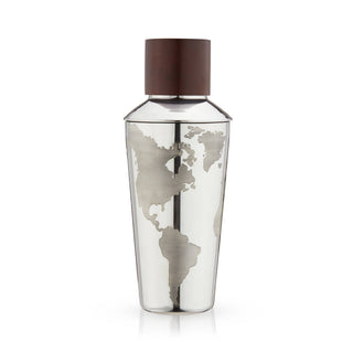 Clear bottle with world map design and brown cap on white background