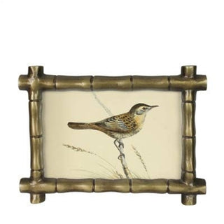 A rectangular decorative picture frame with a rustic metallic gold-brown bamboo design, featuring a vintage-style illustration of a small bird perched on a branch against a cream background.