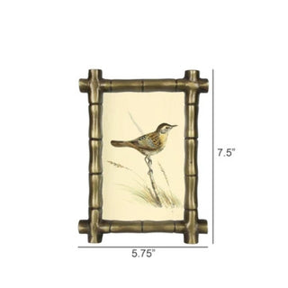 A rectangular framed wall art piece with a faux bamboo frame and a vintage-style bird illustration on a cream background, shown with dimension labels of 5.75 inches wide and 7.