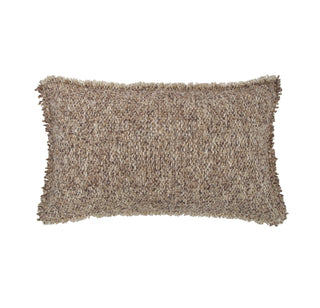 A rectangular shaggy throw pillow in a heathered taupe and brown color, shown against a plain white background.