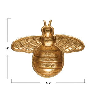 Gold bee-shaped decorative item with dimensions on a white background