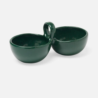 A pair of dark green ceramic cups with integrated handles, shown on a light gray background.