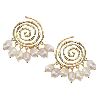 Golden Swirl Genuine Pearl Drop Statement Earrings