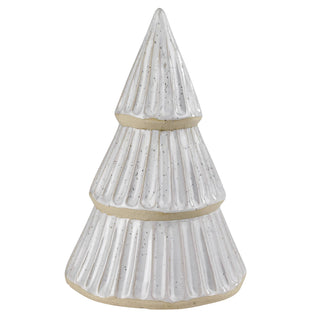 A small decorative Christmas tree figurine with a textured, ribbed surface and speckled white glaze, accented with light beige bands at each tier, set against a plain white background.