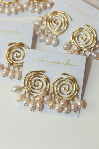 Golden Swirl Genuine Pearl Drop Statement Earrings