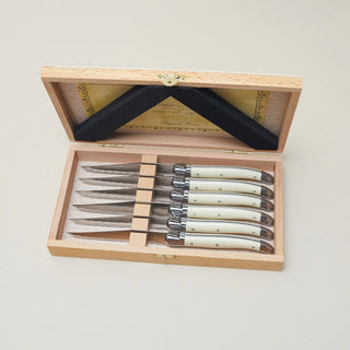 opened box with set of 6 steak knives with ivory handle