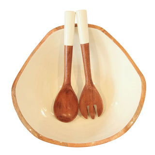 Wooden spoon and fork set with white handles in a ceramic bowl on a white background