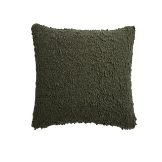 A square throw pillow with a textured, boucle-like chenille fabric in a dark olive green color, shown against a plain white background.