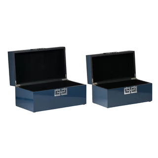 Two blue metal storage boxes with open lids on a white background