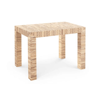 A rectangular Parsons Side Table with a beige grasscloth finish.