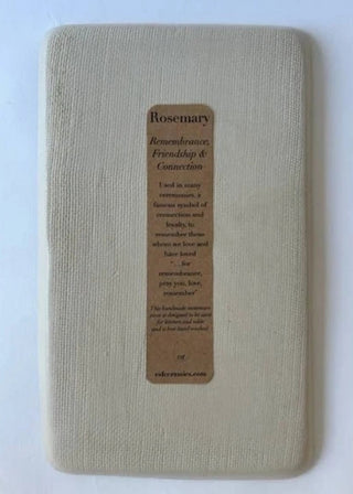 A beige rectangular card with rounded corners, featuring a central brown label that reads 'Rosemary' and 'Remembrance, Friendship & Connection' with smaller text below, photographed against a plain white background.