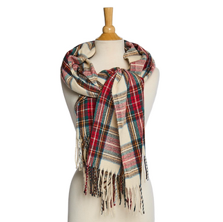 Winter white tartan polyester scarf with fringe trim for seasonal outfits