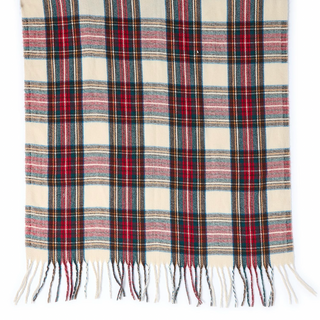 Winter white tartan polyester scarf with fringe trim for seasonal outfits