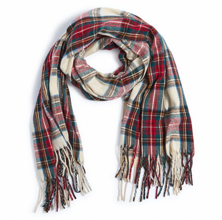Winter white tartan polyester scarf with fringe trim for seasonal outfits